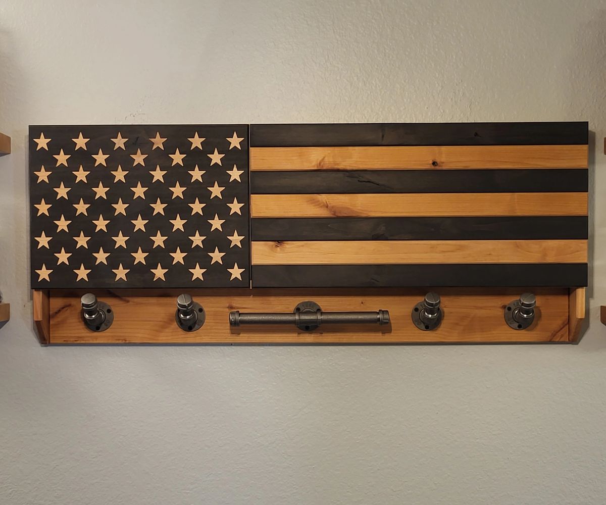 EBONY AND NATURAL STAIN AMERICAN FLAG RIFLE DISPLAY CASE WITH GEAR RACK