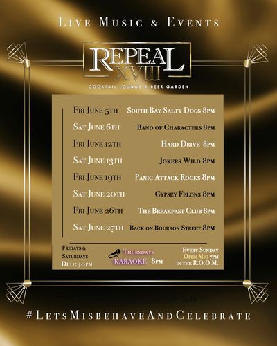 Live music and events schedule at Repeal XVIII lounge in June.