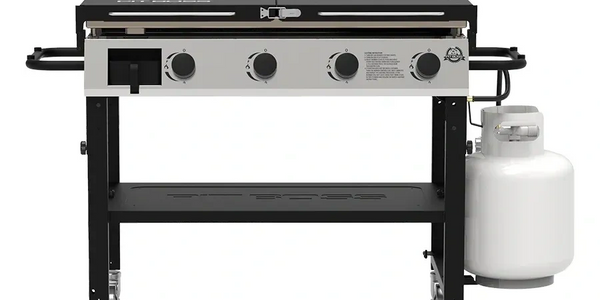 Four-burner propane gas grill with a side tank and control knobs.