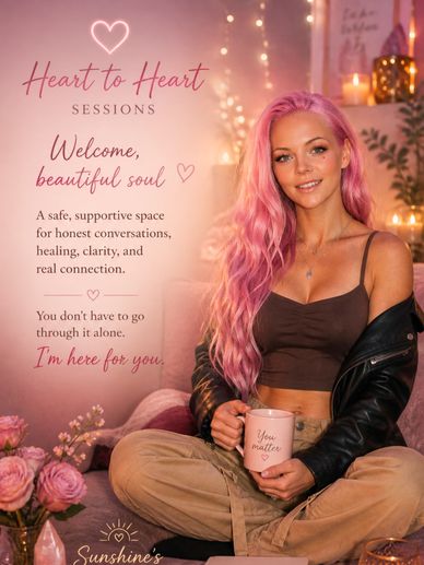 A woman with pink hair holding a mug, promoting supportive Heart to Heart Sessions.
