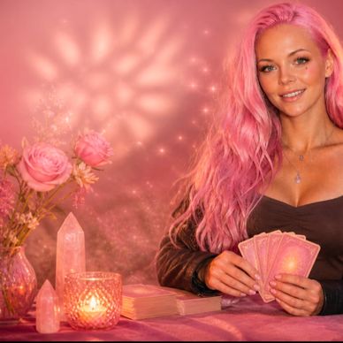Woman with pink hair holding tarot cards in a mystical pink setting.