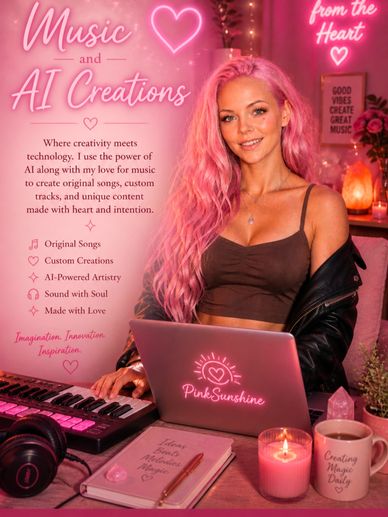 Woman with pink hair creating music using AI technology in a cozy, pink-lit room.