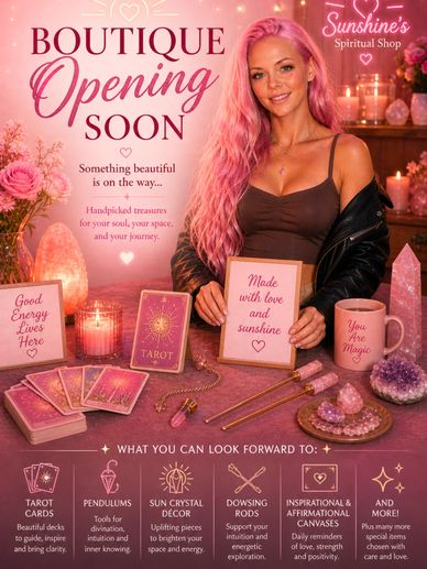 Woman with pink hair promoting a spiritual boutique opening with tarot cards and crystals.