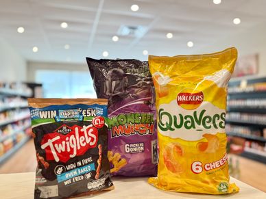 Twiglets, Monster Munch Pickled Onion, and Quavers.