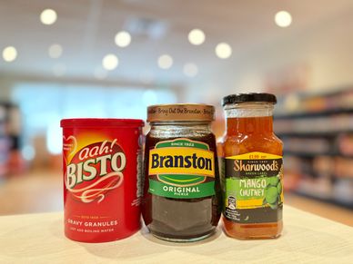 Bisto Gravy Granules, Branston Pickle, and Sharwoods Mango Chutney.