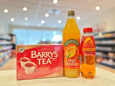 Barry's Tea Gold, Robinsons Fruit Creations Squash, and Lucozade Original.