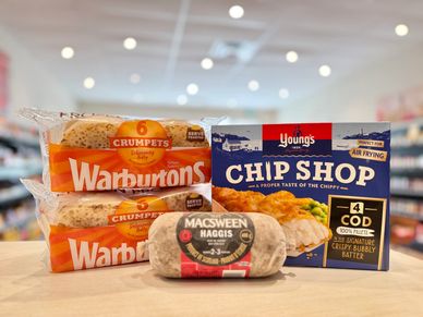Warburtons Crumpets, Young's Chip Shop Cod Fillets, and Macsween Haggis.