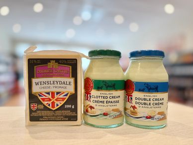 Wensleydale Cheese, English Clotted Cream, and English Double Cream.