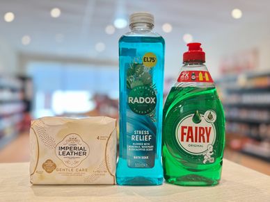 Imperial Leather Soap Bars, Radox Bath Soak, and Fairy Dishwashing Liquid.