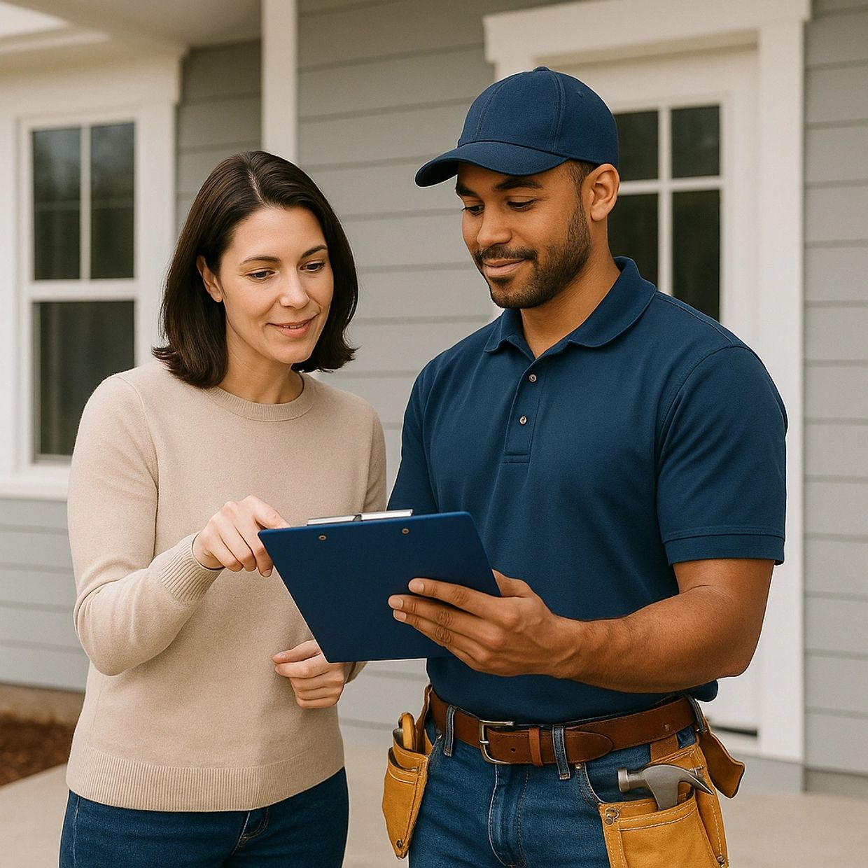 A technician explains repair details to a homeowner using a clipboard.