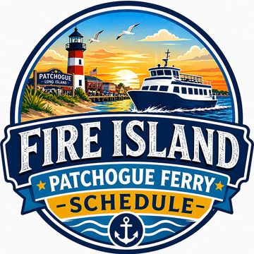 Logo depicting Fire Island Patchogue Ferry with a lighthouse and ferry boat at sunset.