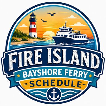 Logo for Fire Island Bayshore Ferry schedule with lighthouse and ferry.