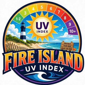Colorful UV Index chart for Fire Island with lighthouse and beach scene.
