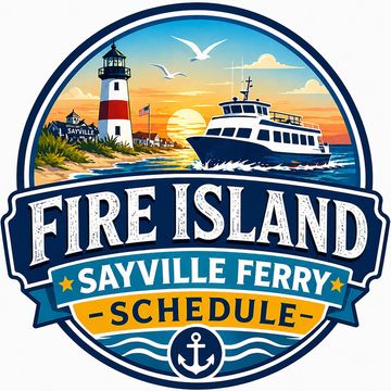 Logo of Fire Island Sayville Ferry schedule with lighthouse and ferry.