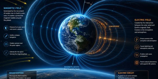 Visualization of Earth's magnetic and electric fields surrounding the planet.