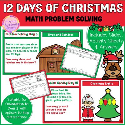 12 Days of Christmas math problem-solving activities & worksheets for Foundation to Year 2 students.