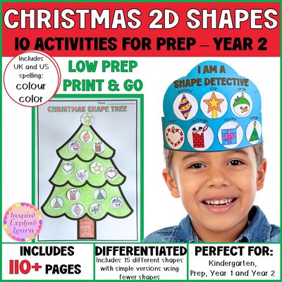 Christmas 2D Shapes Activities for Prep to Year 2 – printable early years maths pack with 10 hands-o