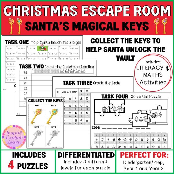 Christmas Escape Room Prep–2 | Save Santa’s Magic Keys | Festive Literacy & Math Fun
