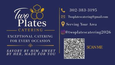 Business card for Two Plates Catering with contact info.