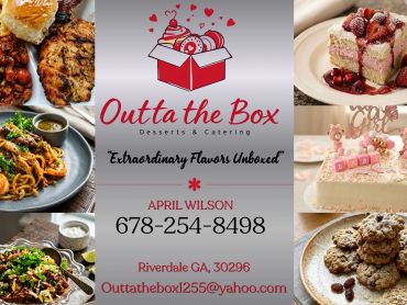 Desserts and catering business ad with delicious food images.