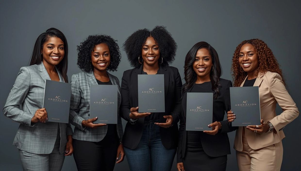 Five professional women holding folders labeled AC Adoration, smiling confidently.