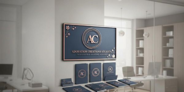 Elegant branding display for Adoration Creations Atlanta in a modern office.