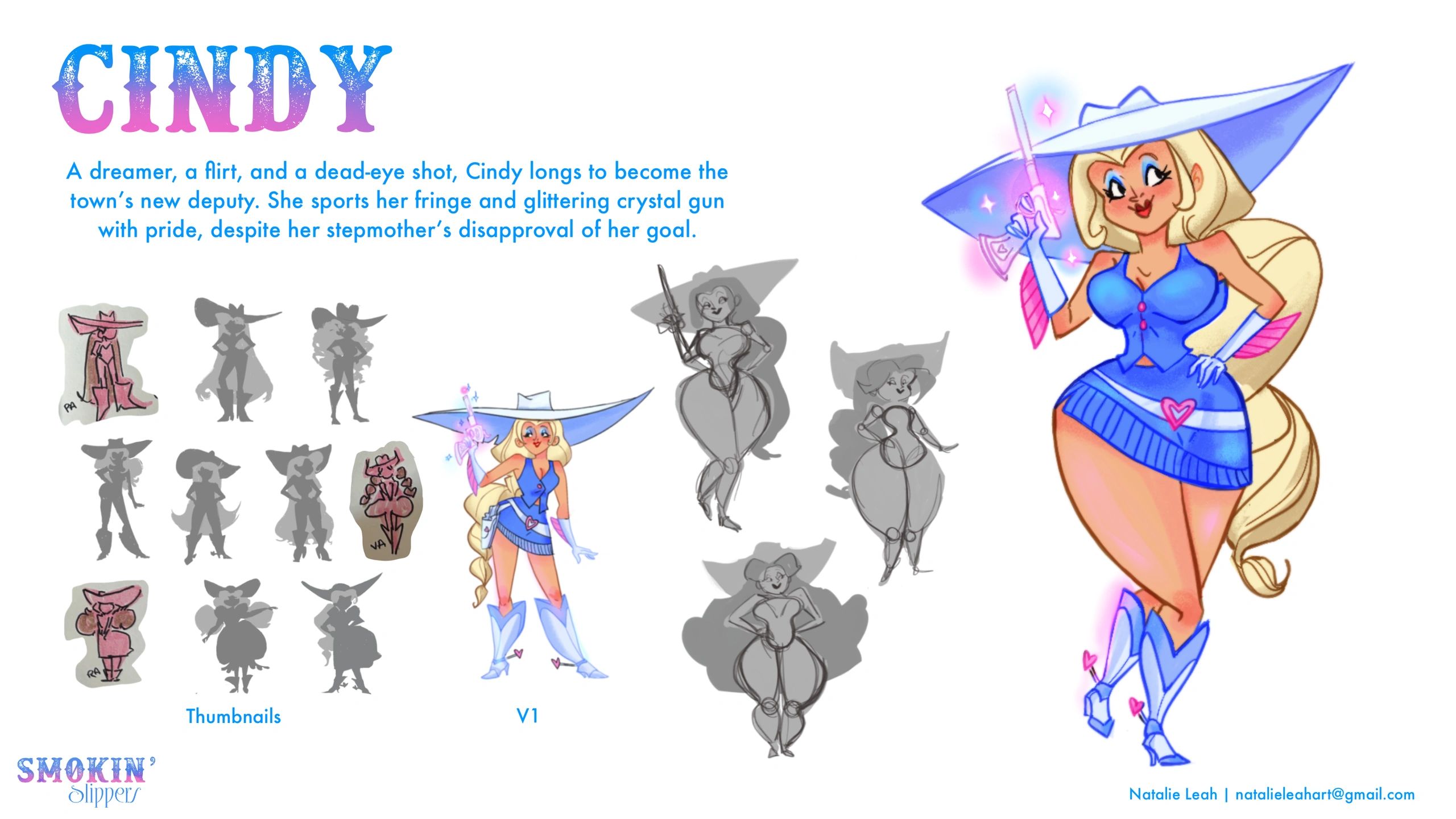 Character design of Cindy, a lively deputy hopeful with a dazzling crystal gun.
