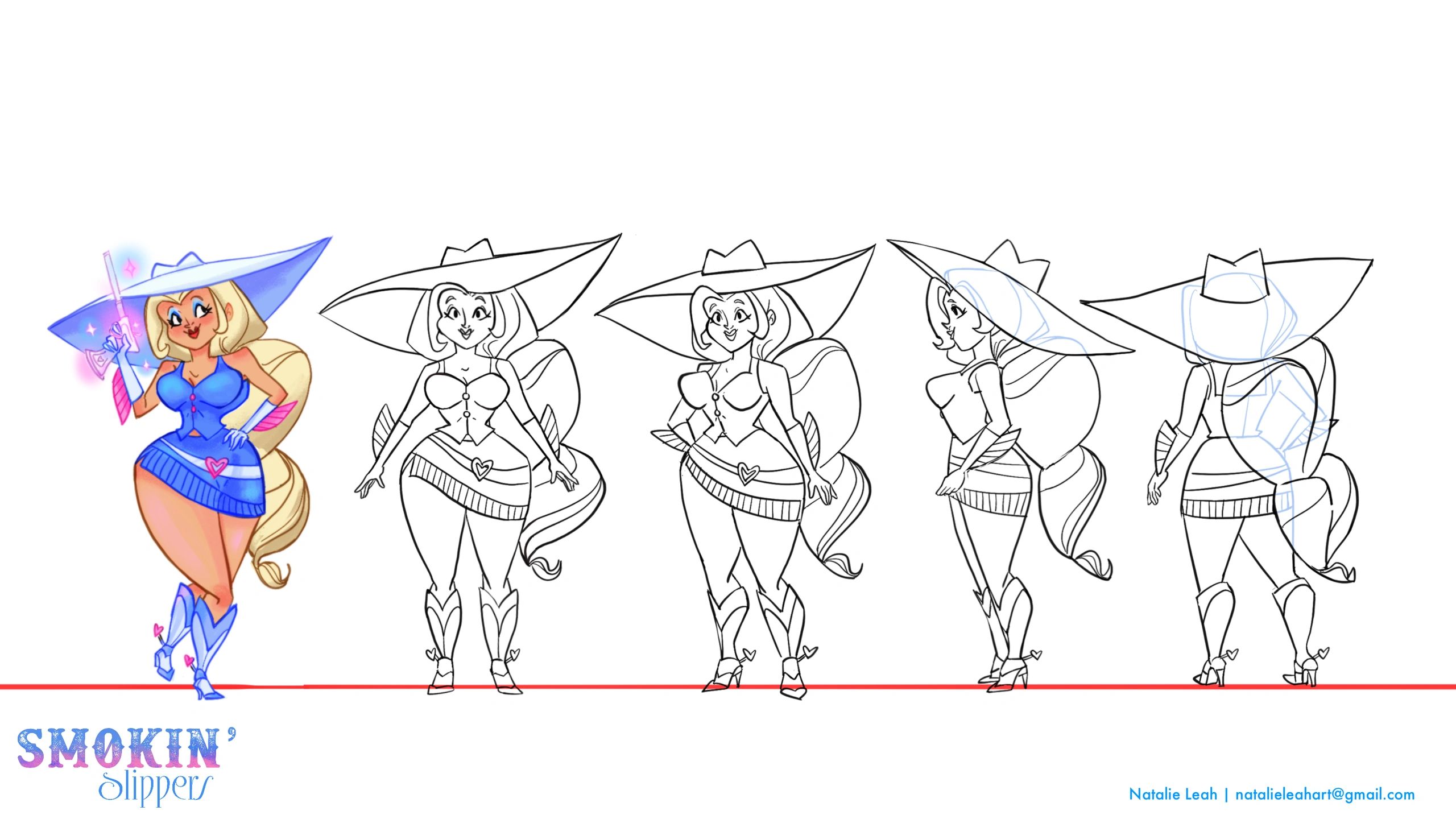 Character turnaround of a stylish cowgirl with a large hat and glowing pink gun.