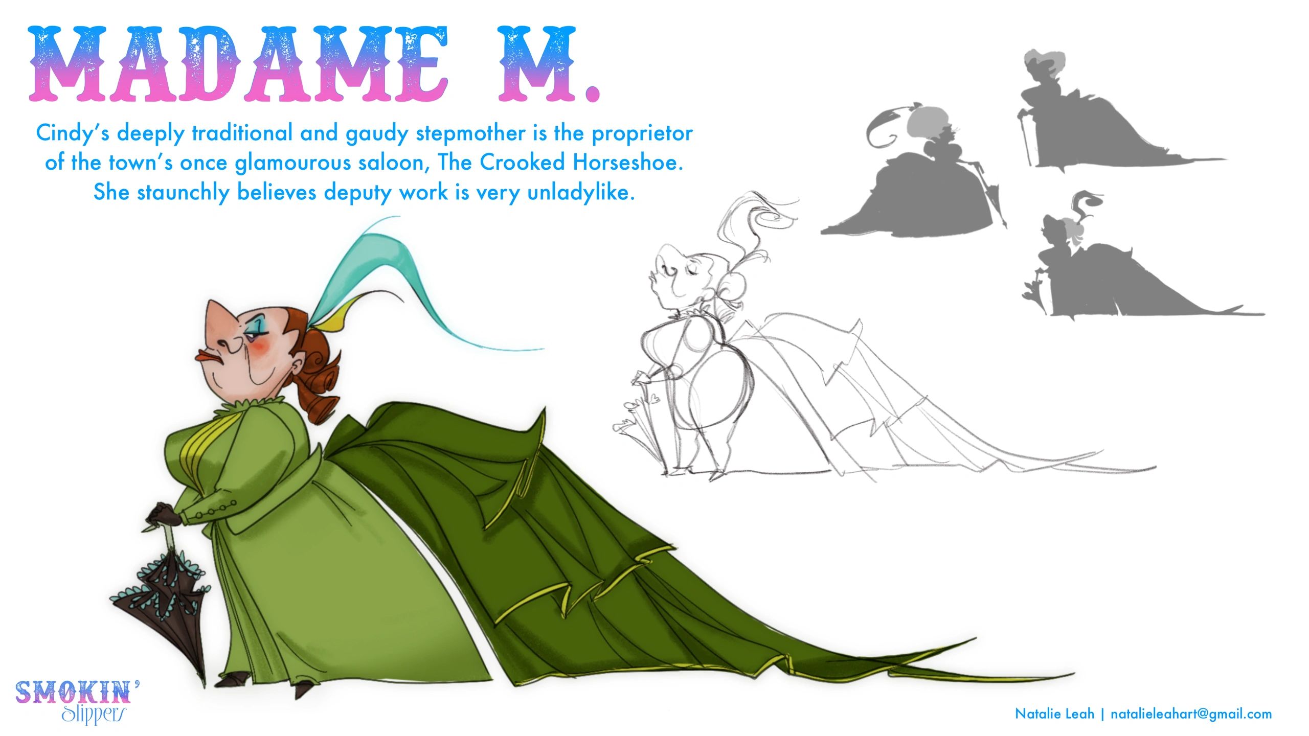 Character design of Madame M., a traditional and gaudy stepmother.