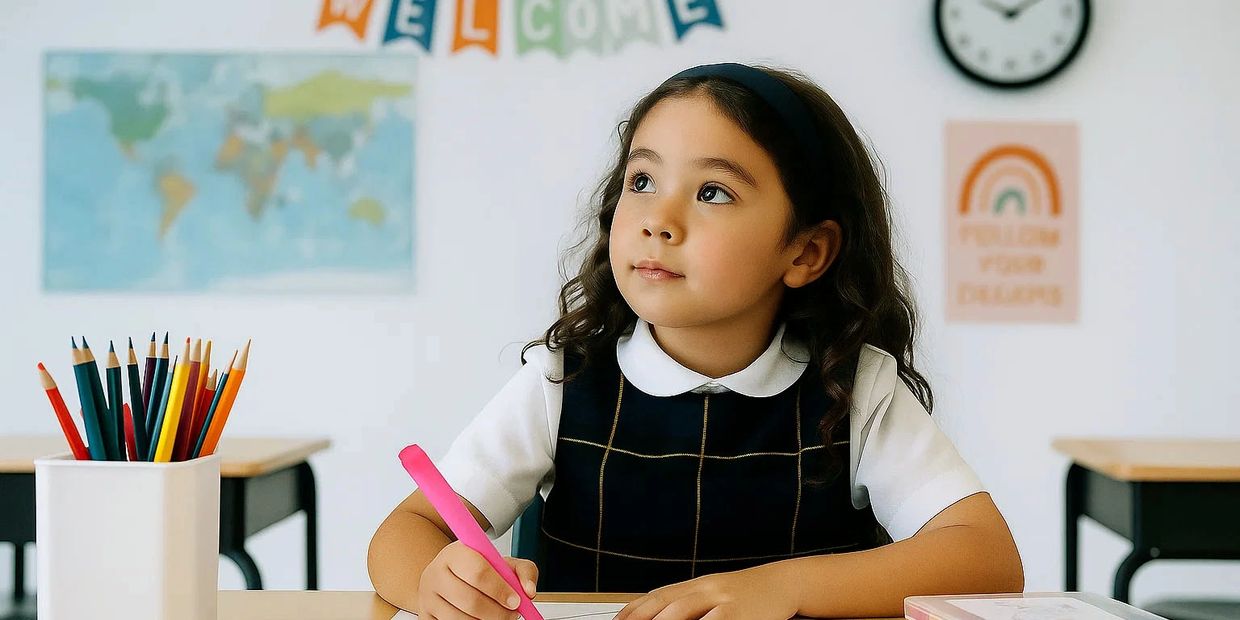 Young girl drawing with a pink marker in a classroom.