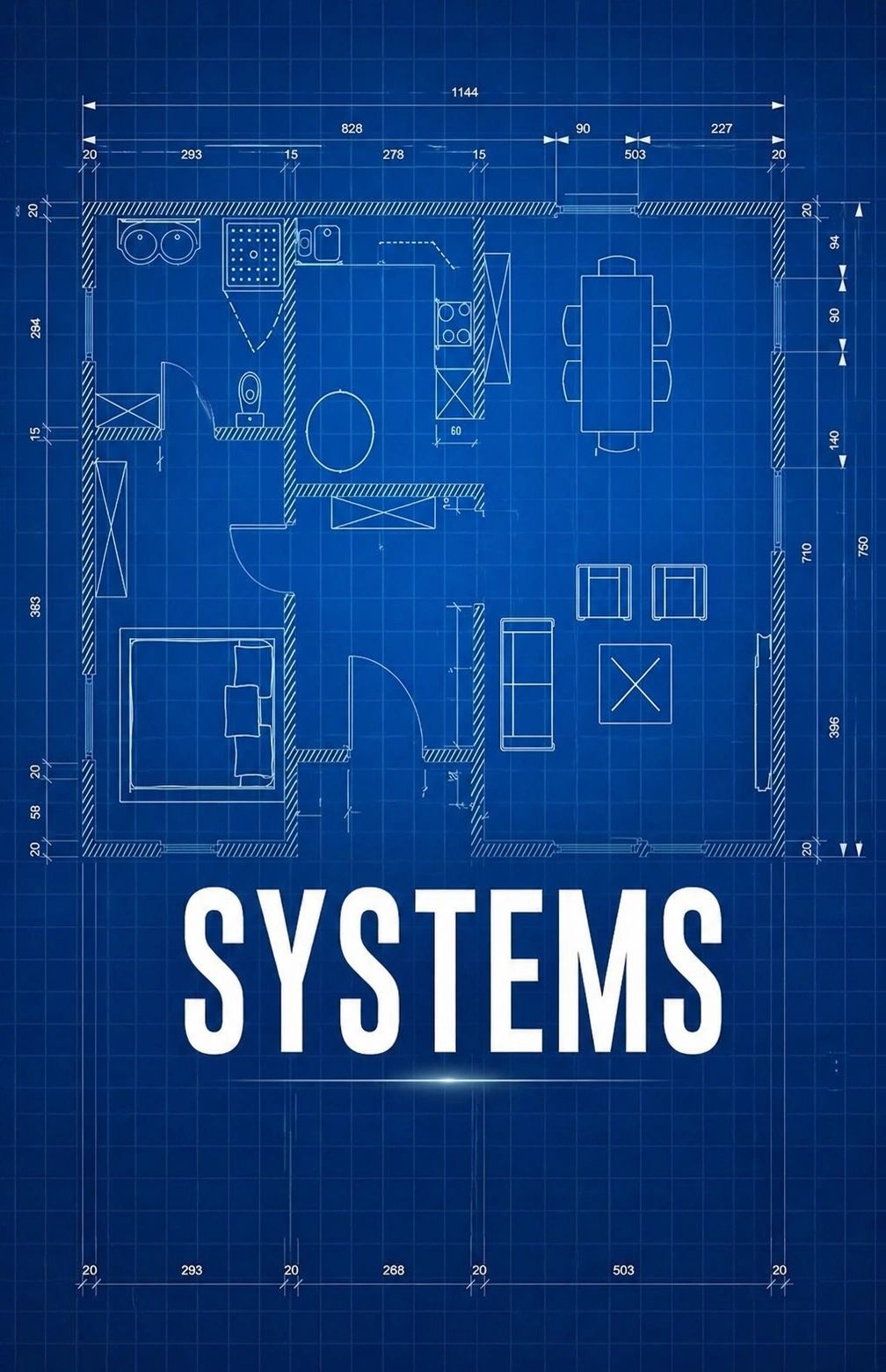 Blueprint of a small house layout with the word SYSTEMS.