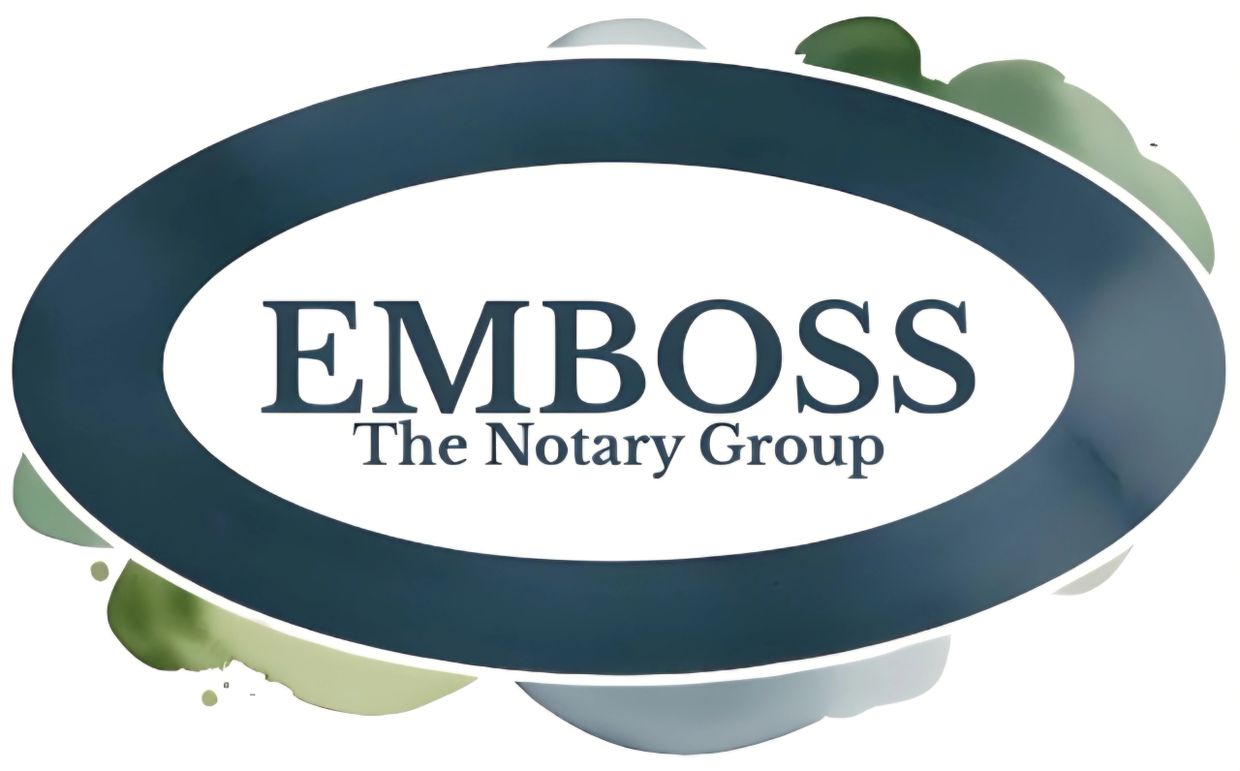 Logo for EMBOSS The Notary Group with a blue oval design.
