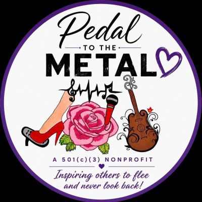 Logo for Pedal to the Metal nonprofit with musical and floral elements.