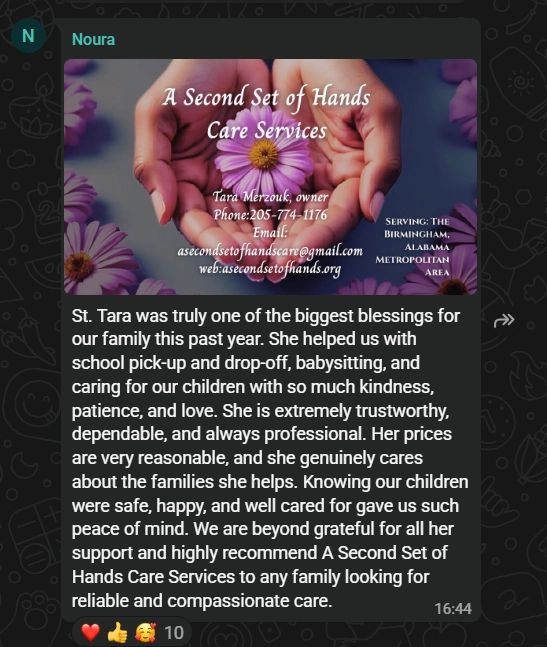 Hands holding a purple flower and care service contact details.