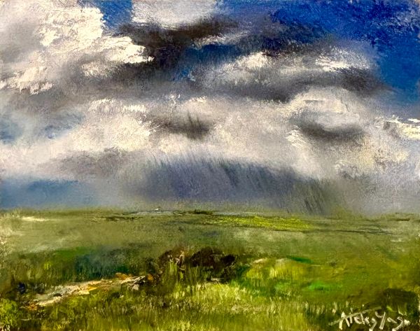 A dramatic sky over a green field with rain in the distance.