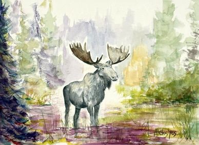 Watercolor painting of a moose in a forest.