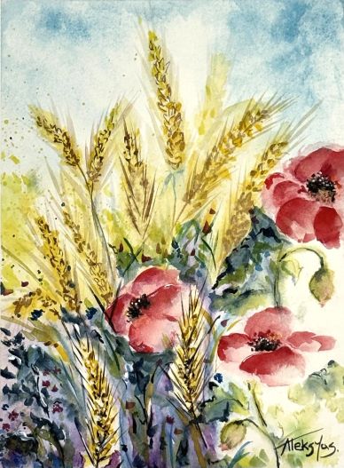 Watercolor painting of wheat stalks and red poppies.