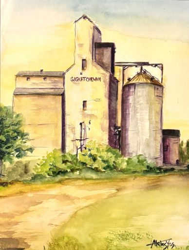 Watercolor painting of grain elevators in Saskatchewan.
