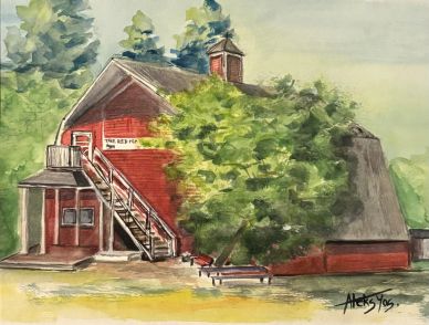 Watercolor painting of a red barn partially covered by a large green tree.