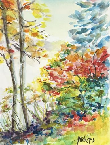 Bright autumn watercolor landscape with colorful trees.