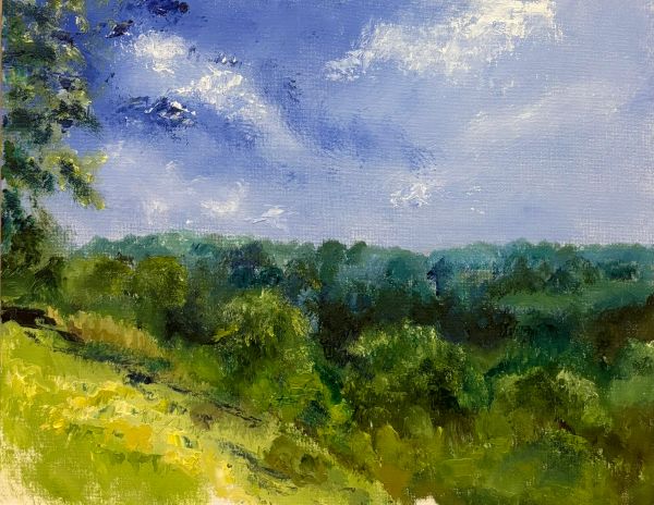 Impressionist painting of a green landscape under a blue sky with clouds.