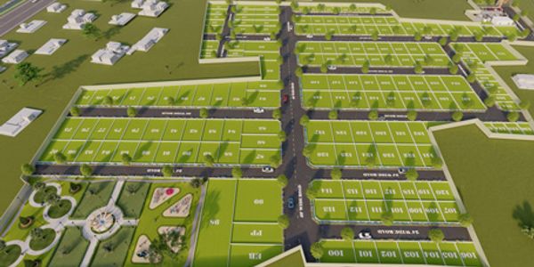 Aerial view of a planned residential area with numbered plots and a park.