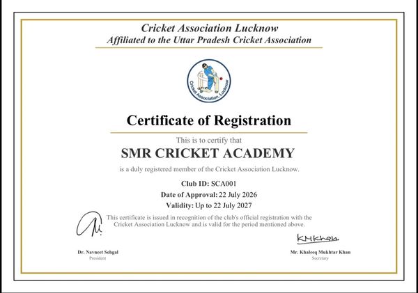 Certificate of Registration for SMR Cricket Academy from Cricket Association Lucknow.