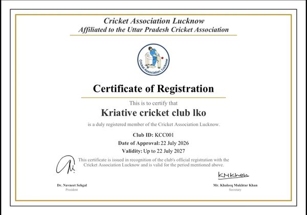 Cricket Association Lucknow registration certificate for Kriative cricket club Iko.