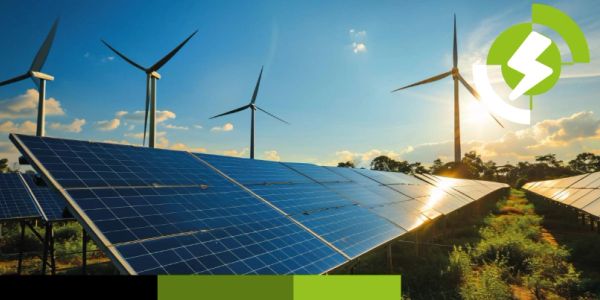 Solar panels and wind turbines harnessing renewable energy under a bright sky.