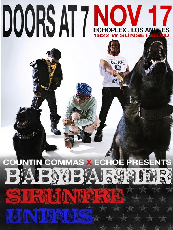 Music event poster featuring artists with aggressive dogs.
