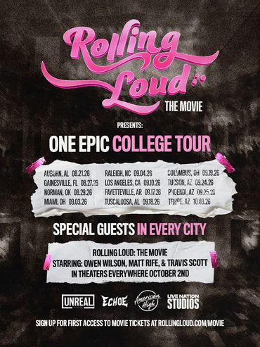 Poster for the Rolling Loud movie college tour with dates and cities.