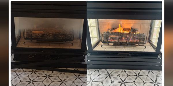 Residential gas fireplace before and after annual servicing by NFI Gas Specialist