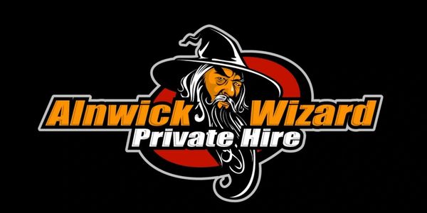 Logo featuring a wizard for Alnwick Wizard Private Hire.