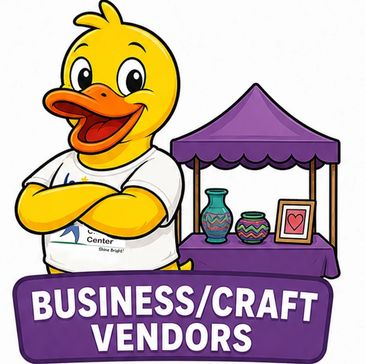 Cartoon duck promoting business and craft vendors at a market stall.